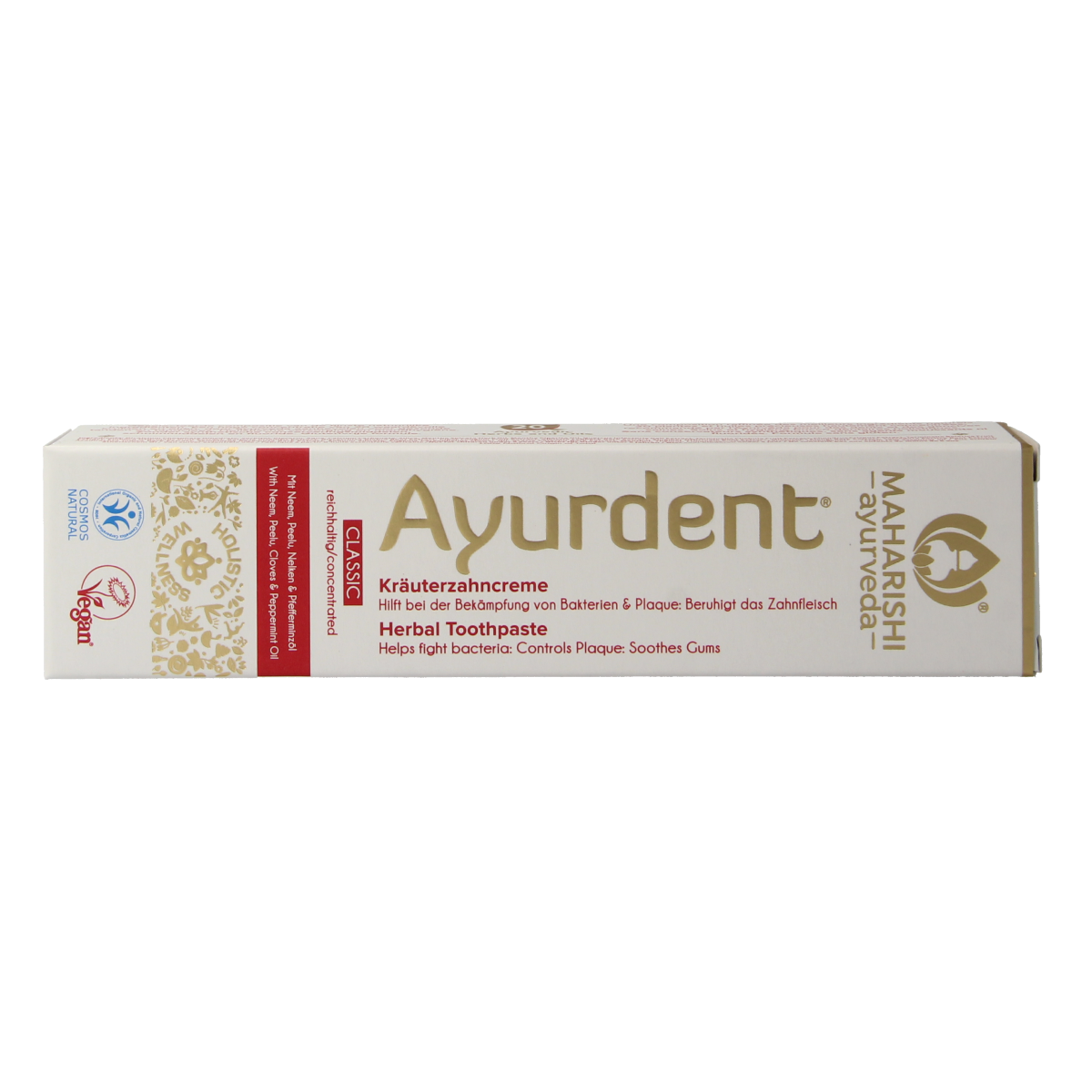 Maharishi Ayurv Ayurdent classic toothpaste in a 75ml tube, featuring natural herbal ingredients for oral care.