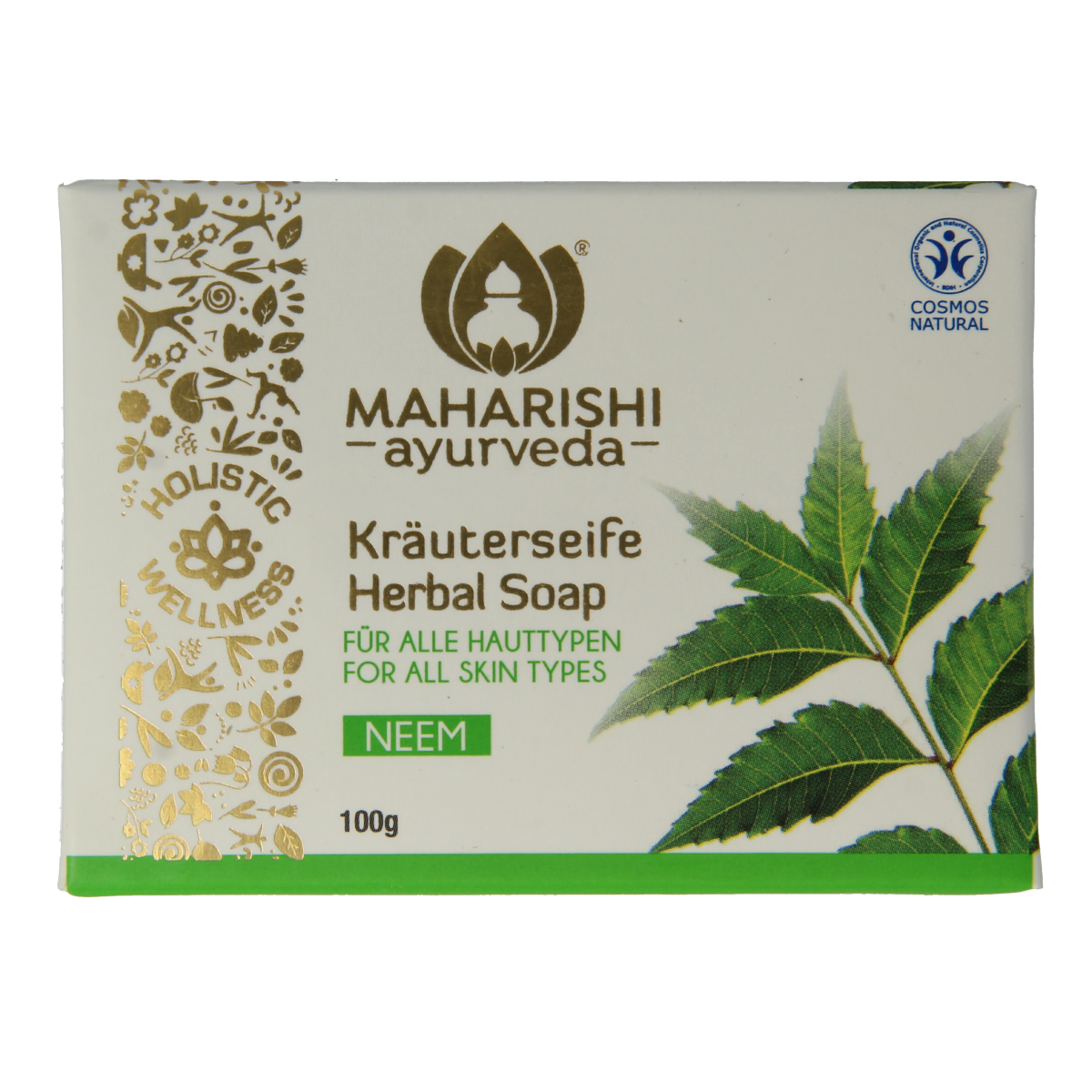Maharishi Ayurv Neem kruidenzeep in a 100g bar, natural herbal soap with neem ingredients, shown in the image.