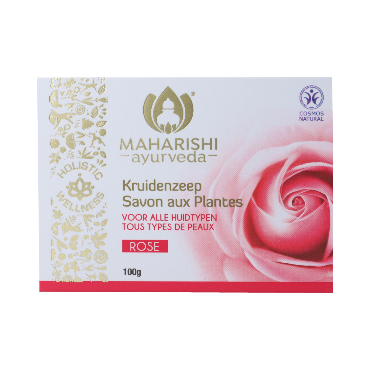 Maharishi Ayurv Roos kruidenzeep bar, 100g, natural herbal soap with aromatic herbs and traditional Ayurvedic ingredients.