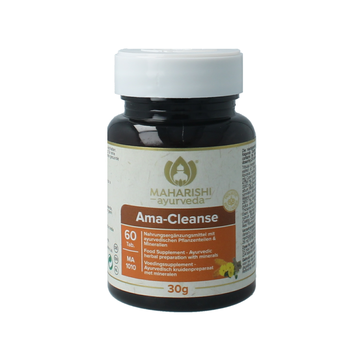 Maharishi Ayurv AMA Cleanse herbal supplement tablets in a bottle, part of Maharishi Ayurv kruidenpreparaten product line.