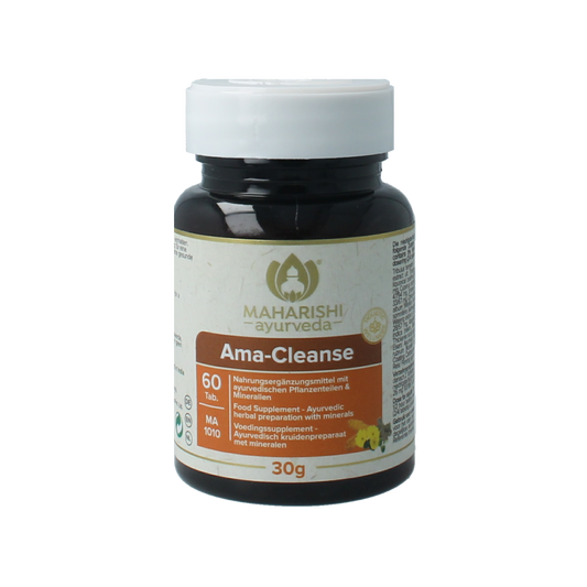 Maharishi Ayurv AMA Cleanse herbal supplement tablets in a bottle, part of Maharishi Ayurv kruidenpreparaten product line.