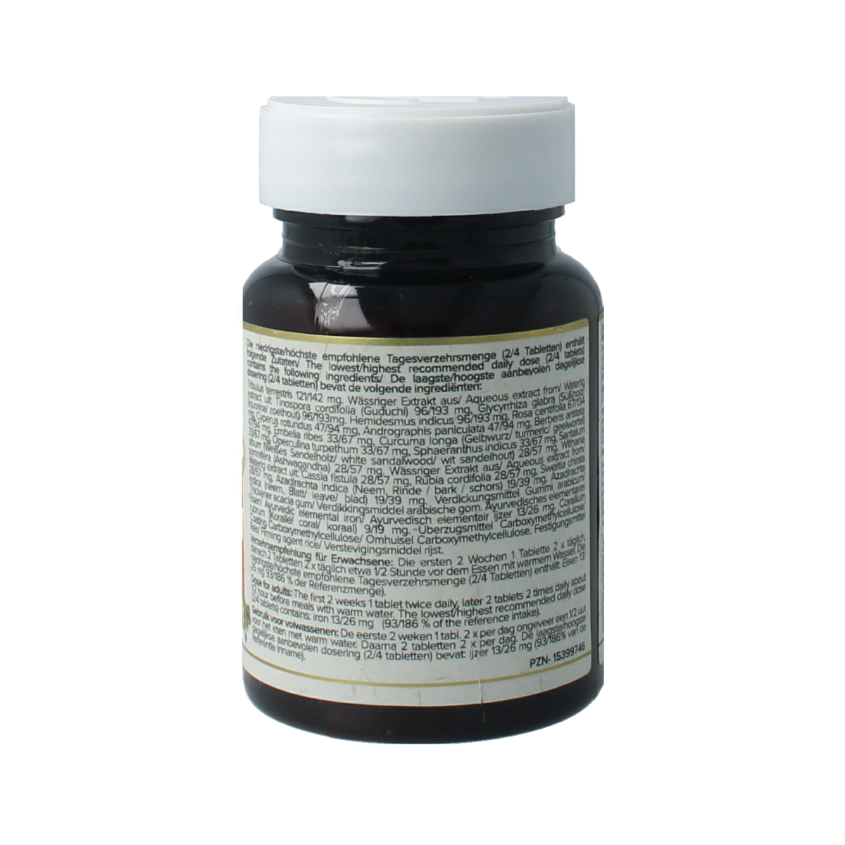 Maharishi Ayurv AMA Cleanse herbal tablets in a clear container, showcasing 60 tablets of Maharishi Ayurv kruidenpreparaten.