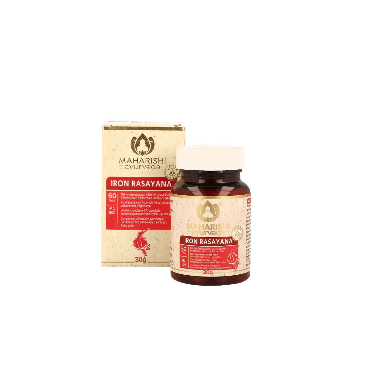 Maharishi Ayurv Ayurvedische ijzerrasayana tabletten in een glazen pot met label, kruidenpreparaat voor ijzervoorraad.