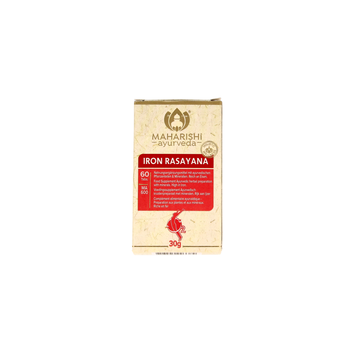 Maharishi Ayurv Ayurvedische ijzerrasayana tabletten in een heldere doos, kruidenpreparaat voor ijzervoorraad.