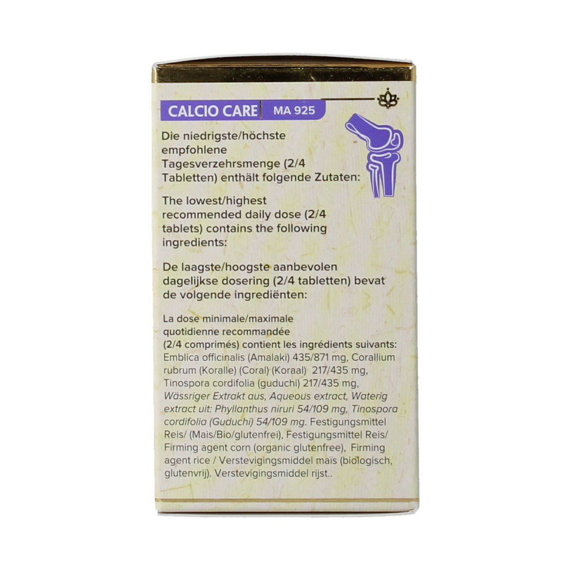 Maharishi Ayurv Calcio Care herbal supplement tablets in a bottle, part of Maharishi Ayurv's herbal preparations.
