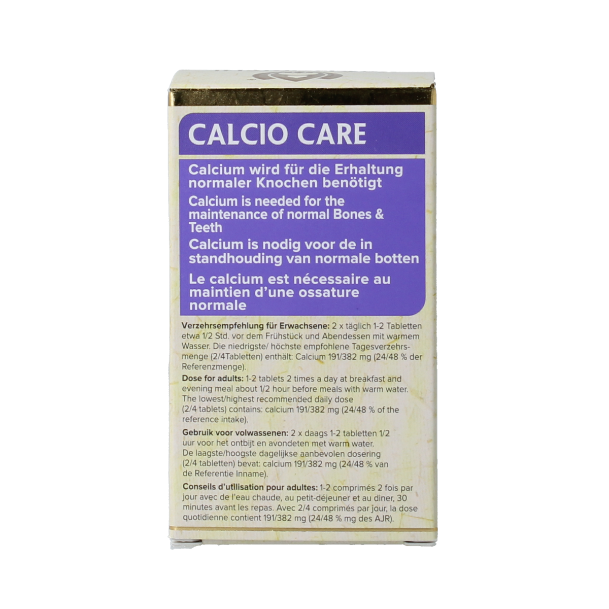 Maharishi Ayurv Calcio Care herbal supplement tablets in blister pack, natural herbal remedy for calcium support.
