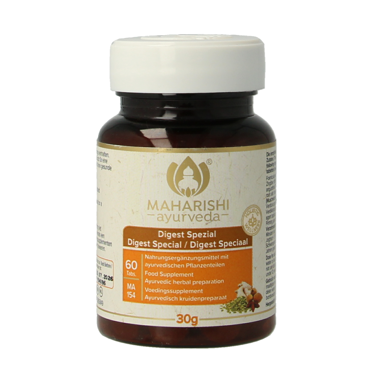 Maharishi Ayurv Digest speciaal MA 154 herbal supplement in a bottle of 60 tablets, natural herbal preparation for digestion support