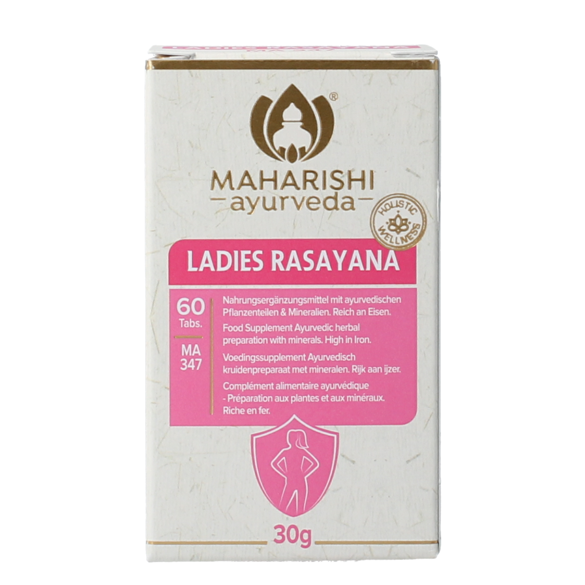 Maharishi Ayurv vrouwen rasayana kruidenpreparaat in 60 tabletten, featuring herbal supplement packaging with product details.