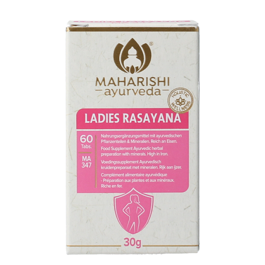 Maharishi Ayurv vrouwen rasayana kruidenpreparaat in 60 tabletten, featuring herbal supplement packaging with product details.