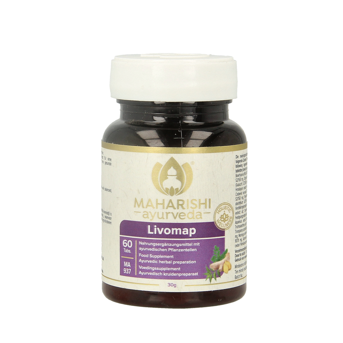 Maharishi Ayurv Livomap herbal supplement in a bottle with 60 tablets, part of Maharishi Ayurv kruidenpreparaten product line.