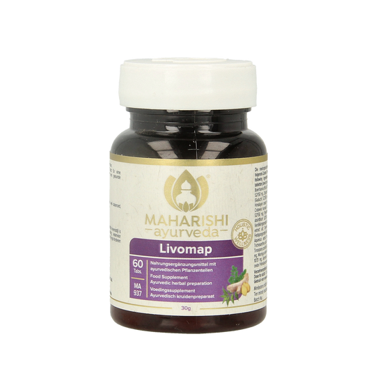 Maharishi Ayurv Livomap herbal supplement in a bottle with 60 tablets, part of Maharishi Ayurv kruidenpreparaten product line.