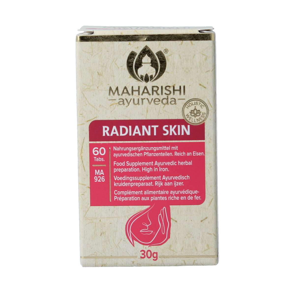 Maharishi Ayurv Radiant Skin herbal tablets in a bottle, natural herbal supplement for glowing skin, Maharishi Ayurv brand.