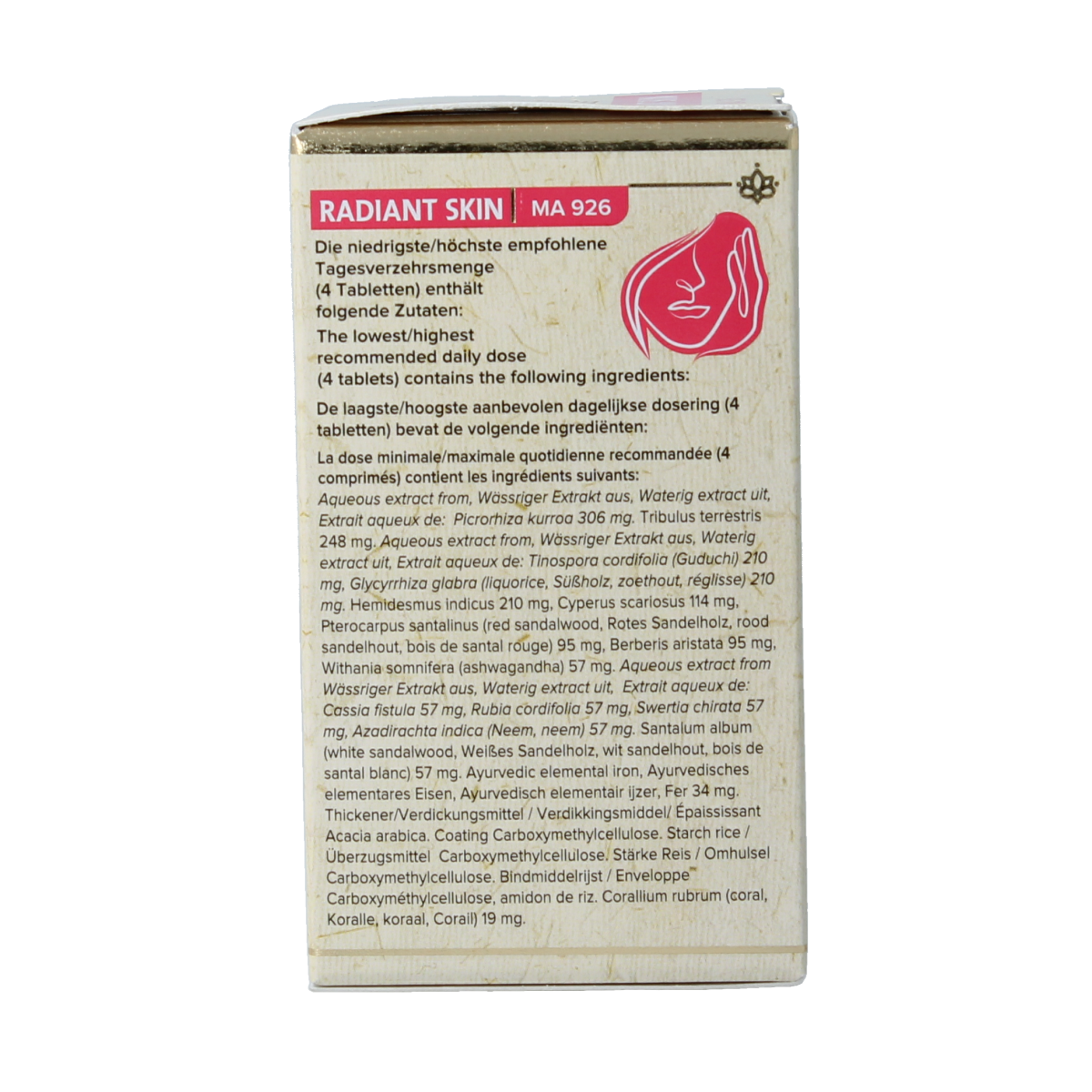 Maharishi Ayurv Radiant Skin herbal supplement tablets in a bottle, part of Maharishi Ayurv Kruidenpreparaten line.