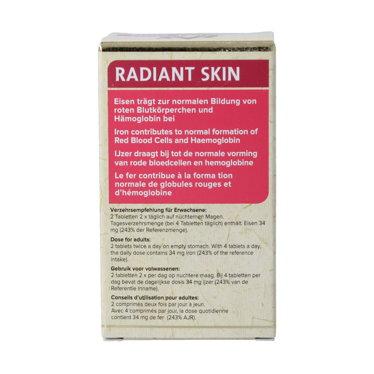 Maharishi Ayurv Radiant Skin herbal supplement tablets in a bottle, part of Maharishi Ayurv's herbal preparations collection.