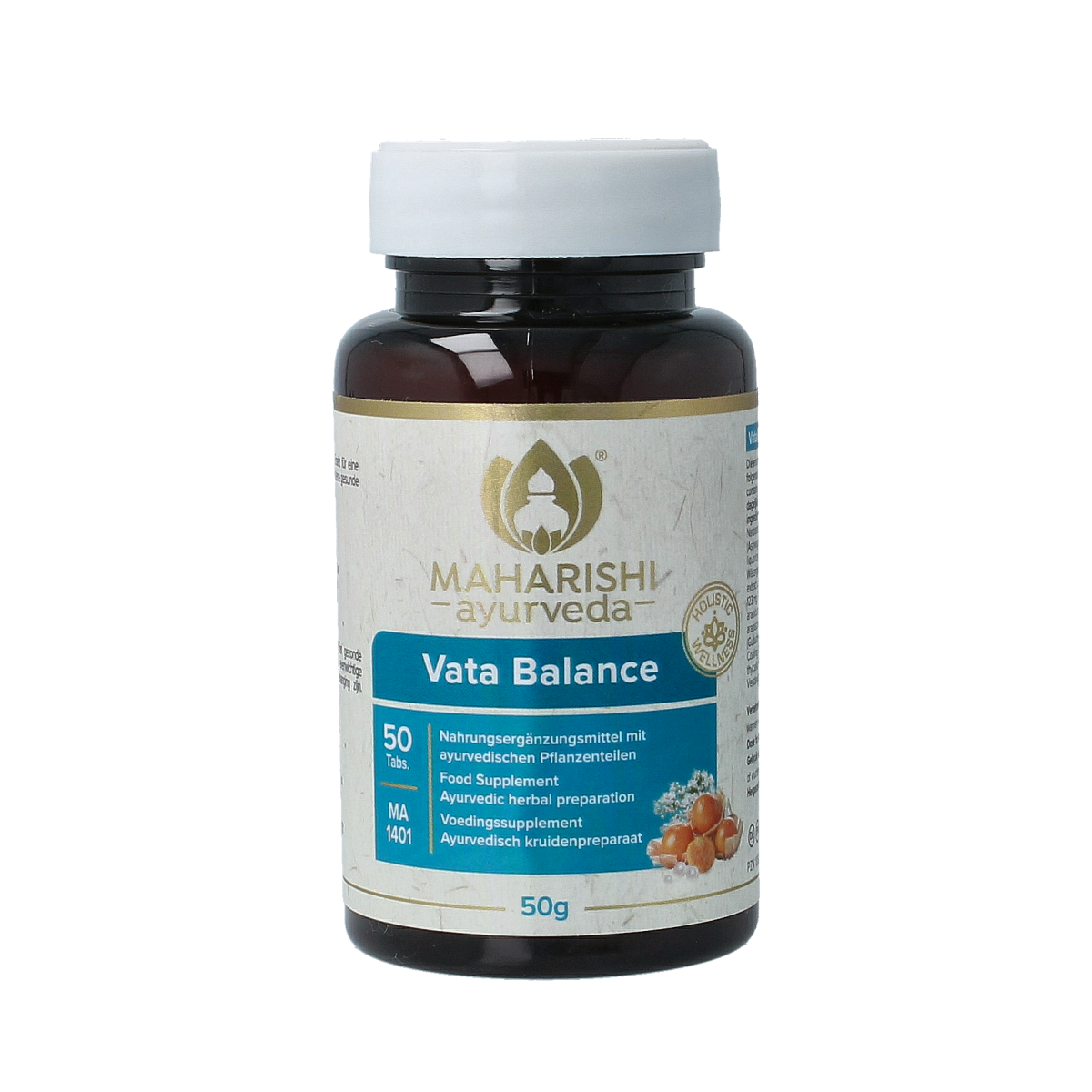 Maharishi Ayurv Vata Balance herbal tablets in a white bottle, showing the product label and packaging details.