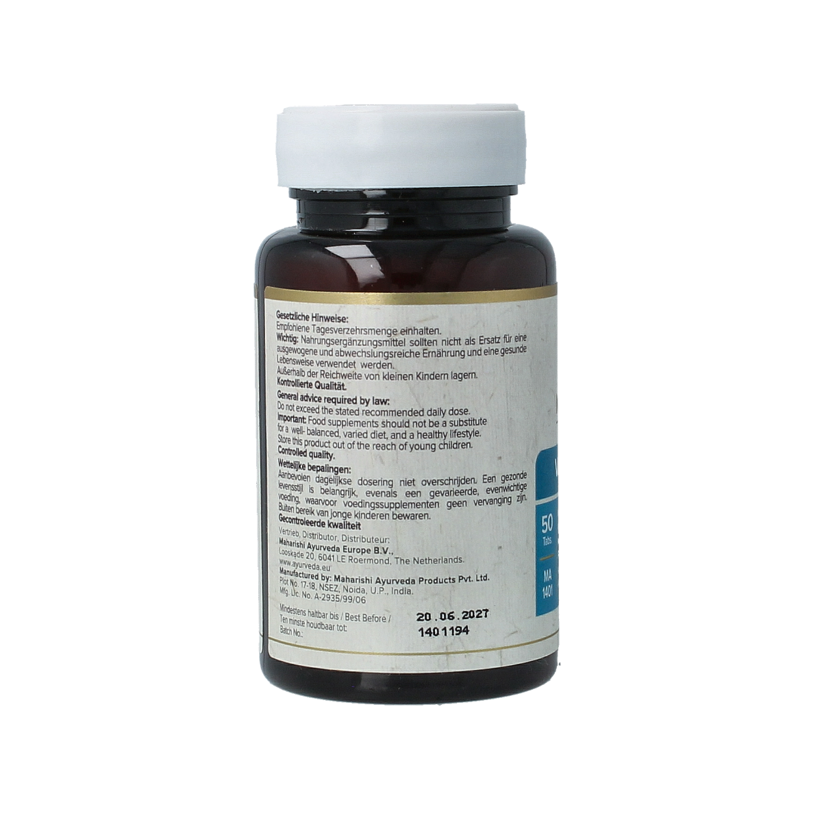 Maharishi Ayurv Vata Balance herbal tablets in a container, part of Maharishi Ayurv's herbal supplement kruidenpreparaten line.
