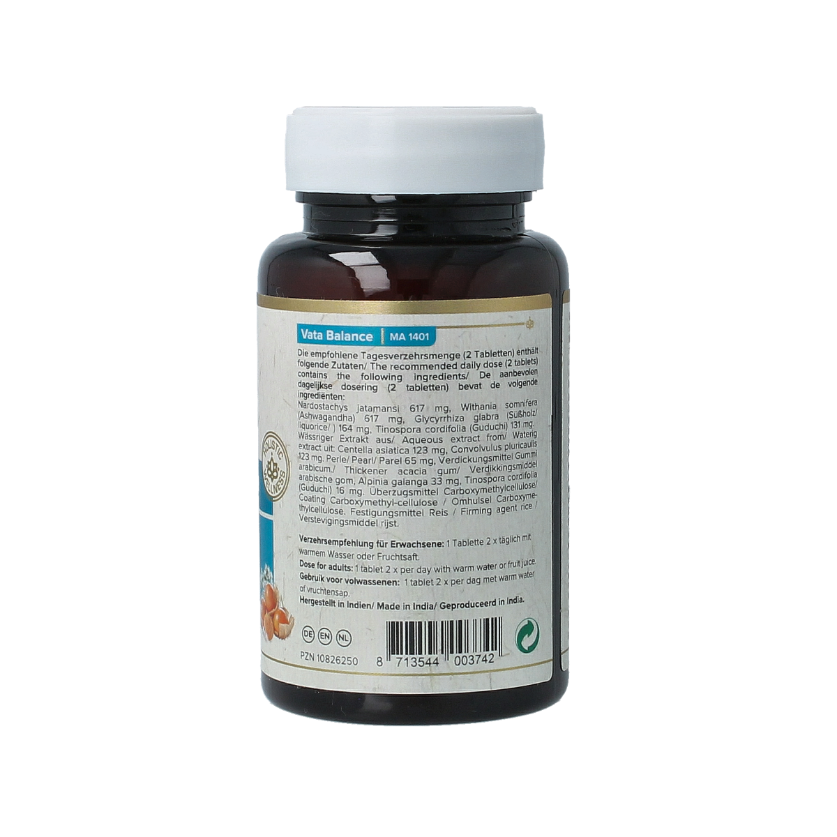 Maharishi Ayurv Vata Balance herbal tablets in a bottle, part of Maharishi Ayurv Kruidenpreparaten line, 50 tablets.