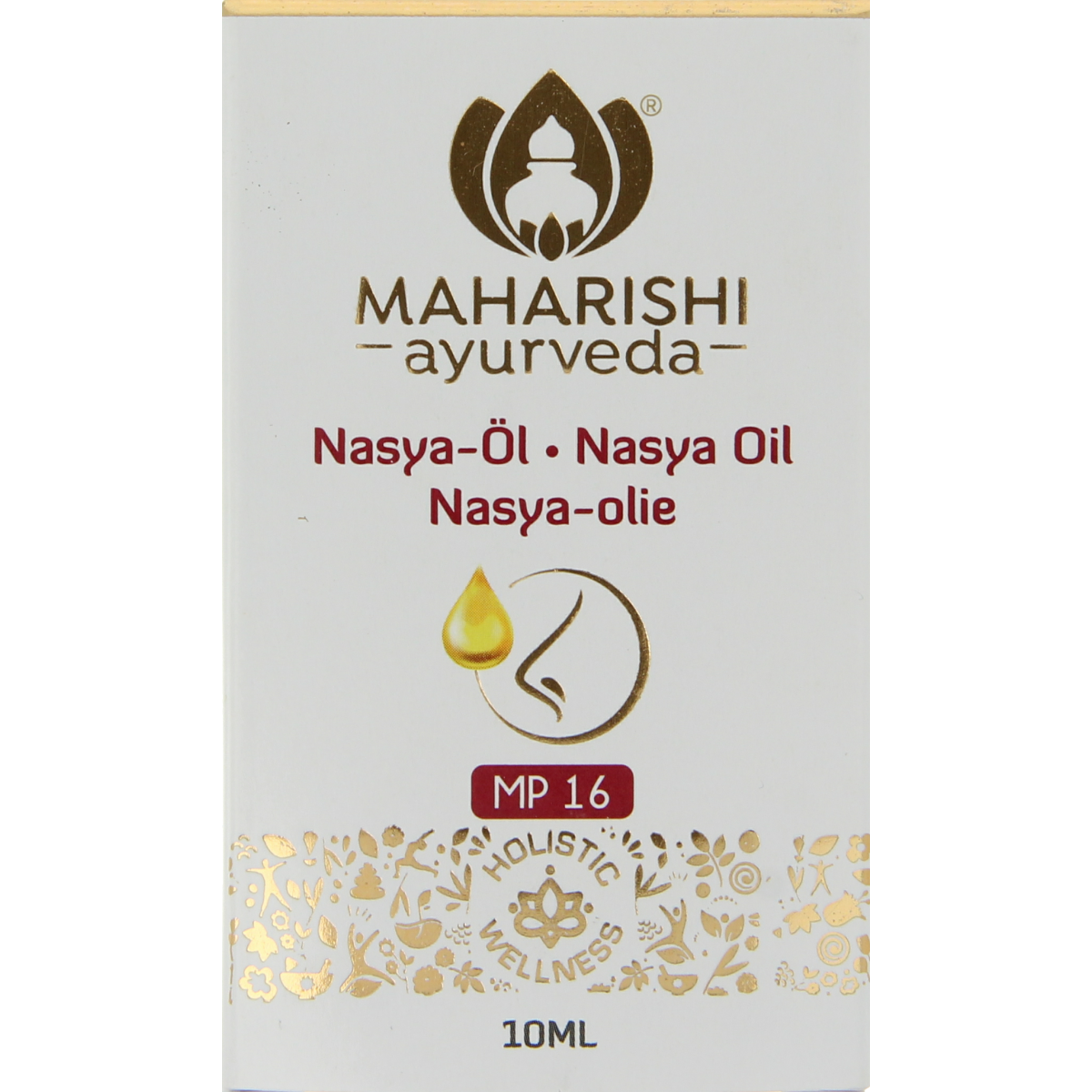 Maharishi Ayurv Neusolie Nasya olie for nasal care and inhalation, 10ml bottle with natural herbal ingredients.