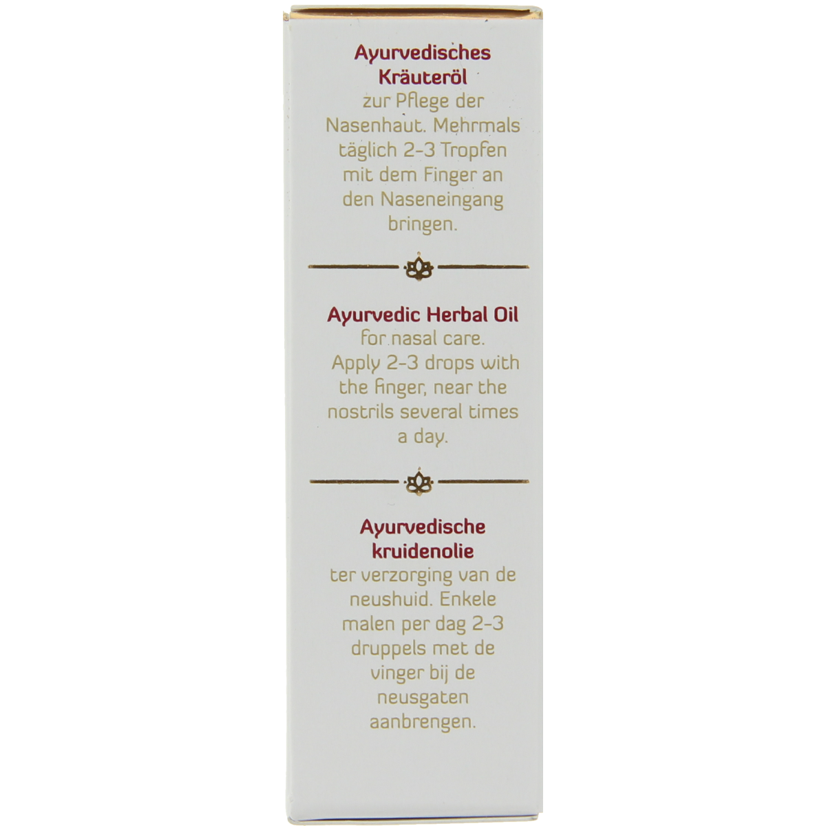 Maharishi Ayurv Neusolie Nasya olie in 10ml bottle, nasal care and inhalation product with natural herbal ingredients.