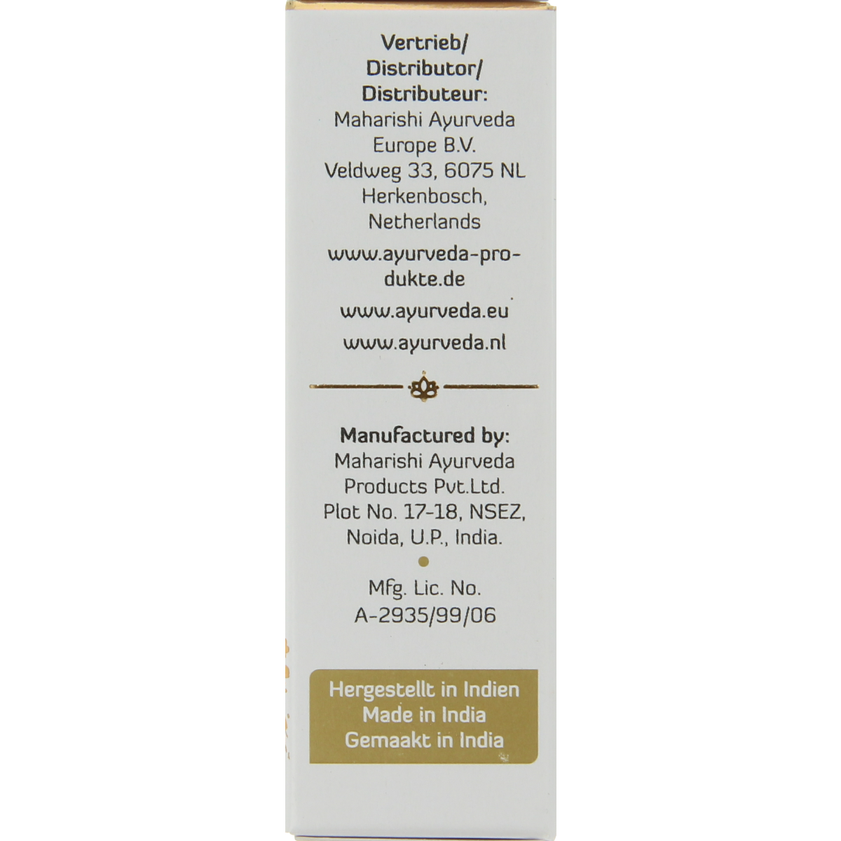 Maharishi Ayurv Neusolie Nasya olie in 10ml bottle, nasal care and inhalation product with natural herbal ingredients.
