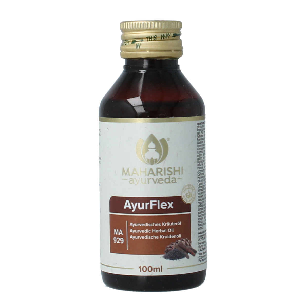Maharishi Ayurv Ayurflex Kruidenpreparaten bottle with 100ml label, natural herbal supplement from Maharishi Ayurv brand.