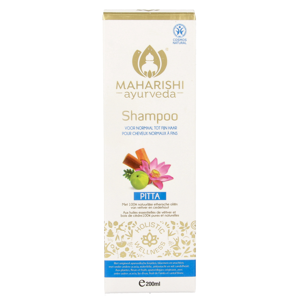 Maharishi Ayurv Pitta shampoo bio 200ml in a clear plastic bottle with a white cap, designed for hair care.
