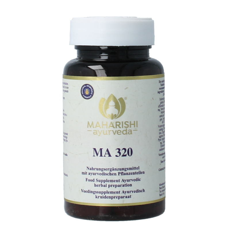 Maharishi Ayurv MA 320 herbal supplement tablets in a bottle, part of Maharishi Ayurv's herbal preparation line.