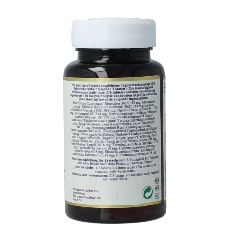Maharishi Ayurv MA 320 herbal supplement tablets in a bottle, part of Maharishi Ayurv's kruidenpreparaten line.