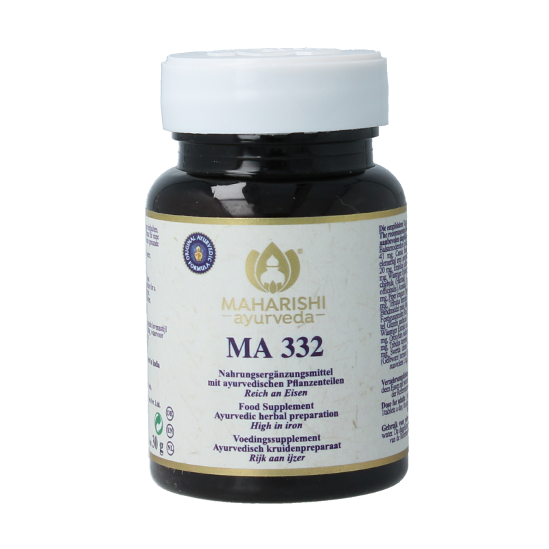 Maharishi Ayurv MA 332 herbal supplement tablets in a blister pack, part of Maharishi Ayurv kruidenpreparaten line.