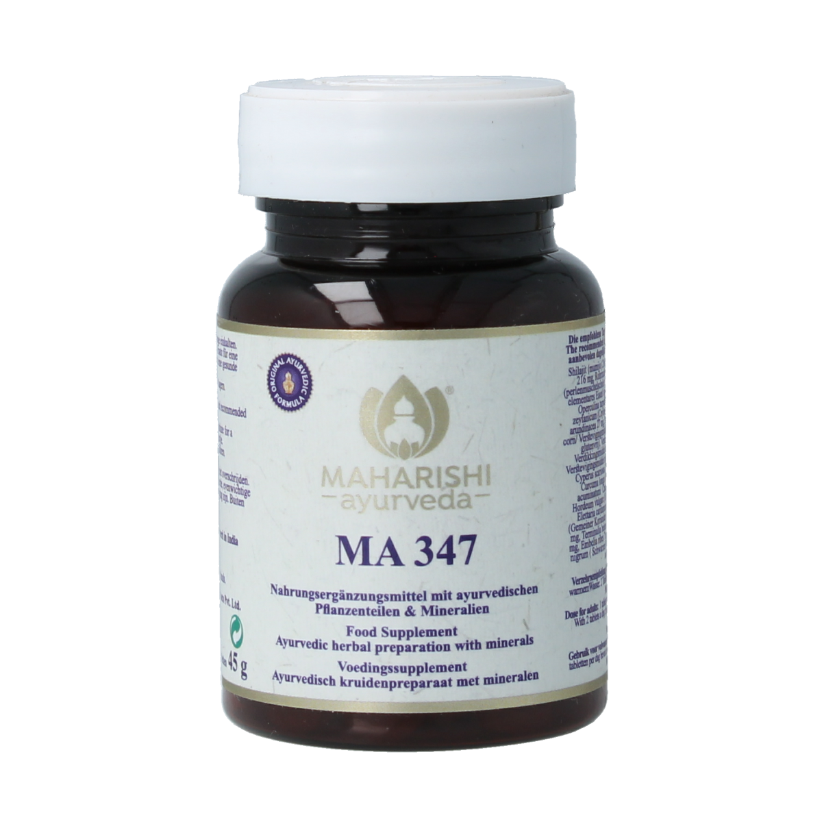 Maharishi Ayurv MA 347 herbal supplement tablets in a bottle, part of Maharishi Ayurv Kruidenpreparaten collection.