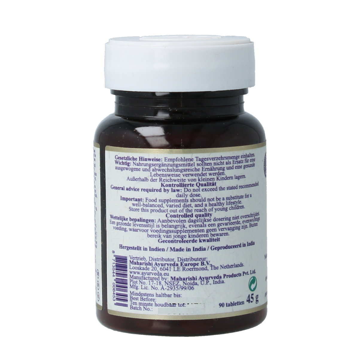 Maharishi Ayurv MA 347 herbal supplement tablets in a bottle, part of Maharishi Ayurv Kruidenpreparaten product line.