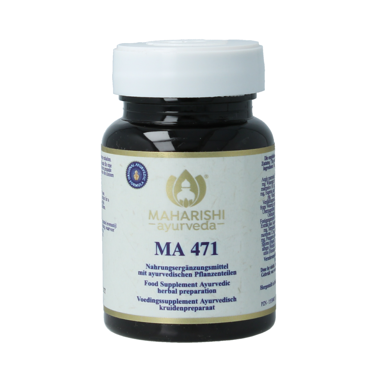 Maharishi Ayurv MA 471 herbal supplement tablets in a bottle, part of Maharishi Ayurv Kruidenpreparaten product line.