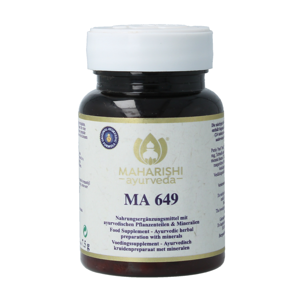 Maharishi Ayurv MA 649 herbal tablets in a bottle, part of Maharishi Ayurv Kruidenpreparaten supplement line.
