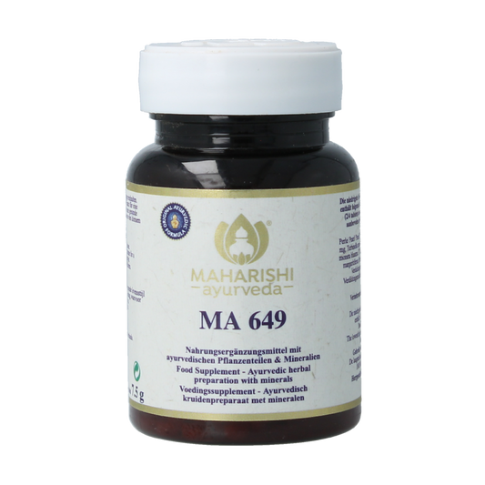Maharishi Ayurv MA 649 herbal tablets in a bottle, part of Maharishi Ayurv Kruidenpreparaten supplement line.