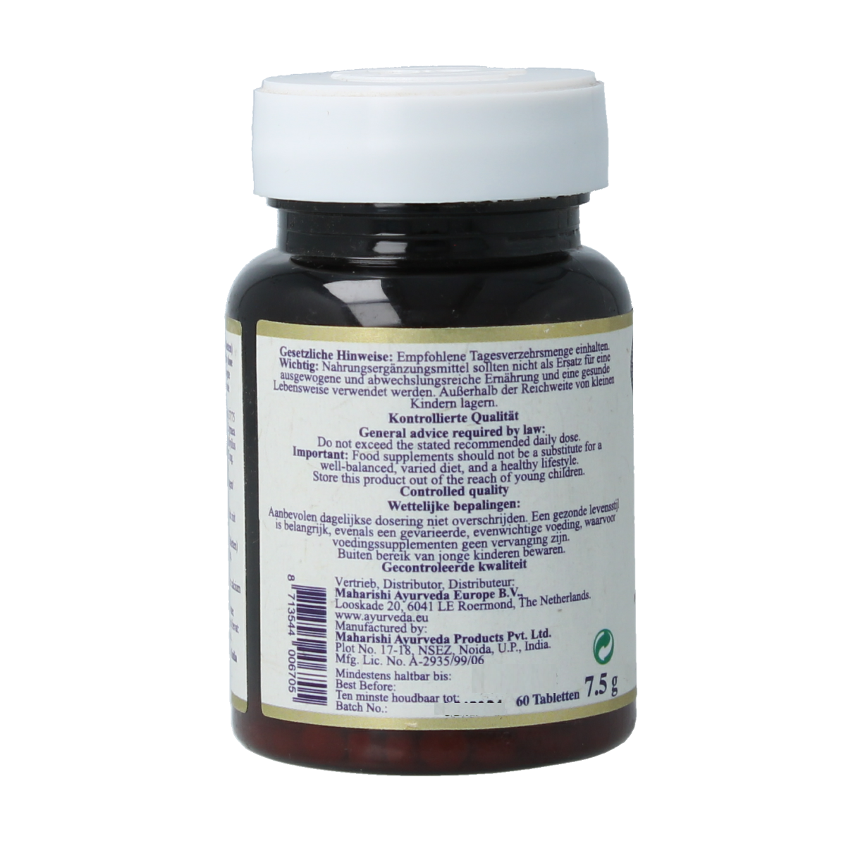 Maharishi Ayurv MA 649 herbal supplement tablets in a bottle, part of Maharishi Ayurv kruidenpreparaten product line.
