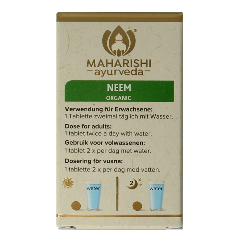 Maharishi Ayurv Neem bio herbal supplement in a bottle of 60 tablets, natural kruidenpreparaat for wellness.