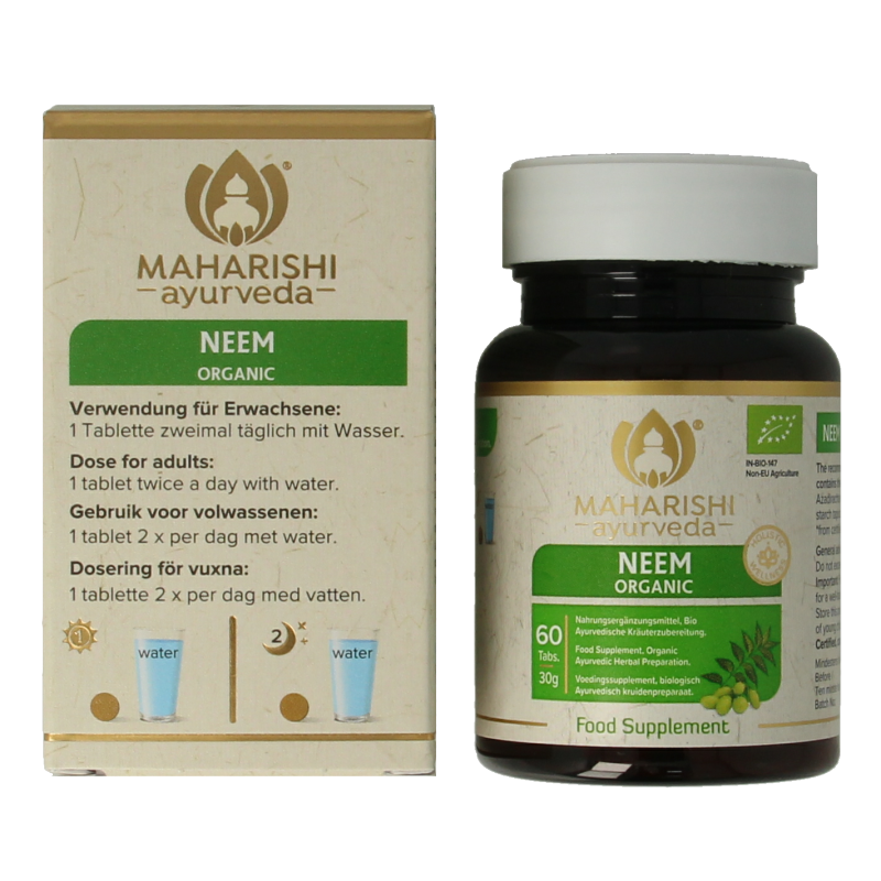 Maharishi Ayurv Neem bio herbal supplements in a bottle of 60 tablets, natural kruidpreparaten for health and wellness.