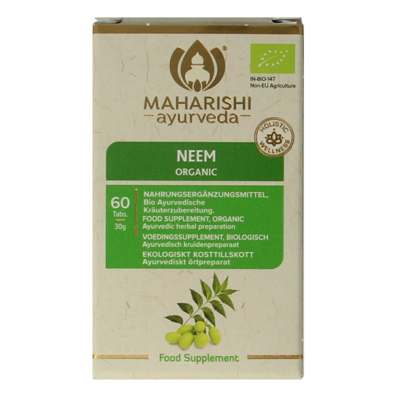 Maharishi Ayurv Neem bio herbal supplement bottles with 60 tablets, natural herbal remedy from Maharishi Ayurv brand.