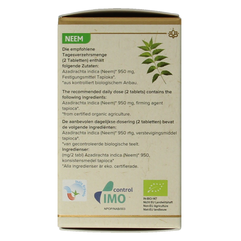 Maharishi Ayurv Neem bio herbal supplement packaging with 60 tablets, natural herbal product from Maharishi Ayurv.