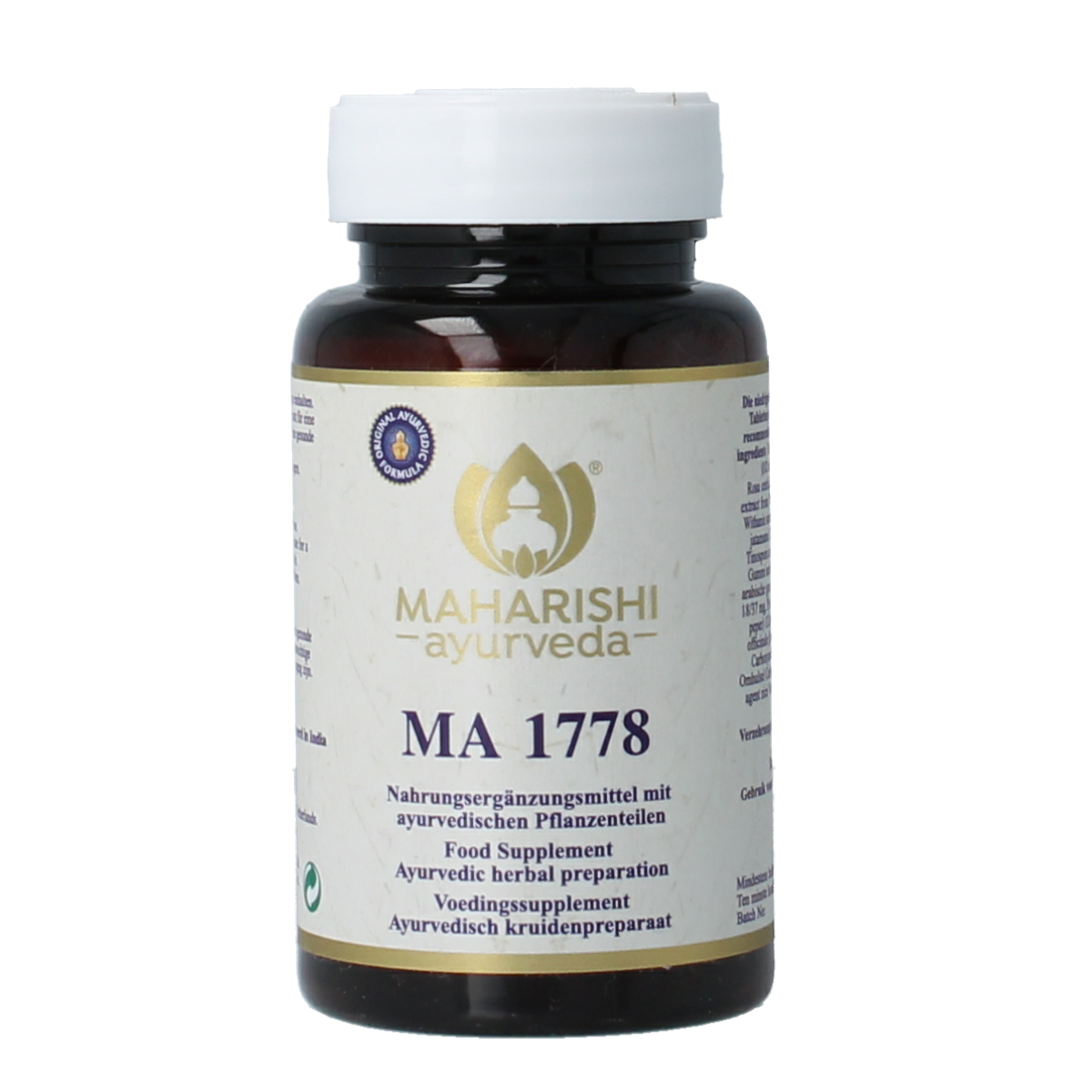 Maharishi Ayurv MA 1778 herbal supplement tablets, natural kruidenpreparaten in a white bottle with label.
