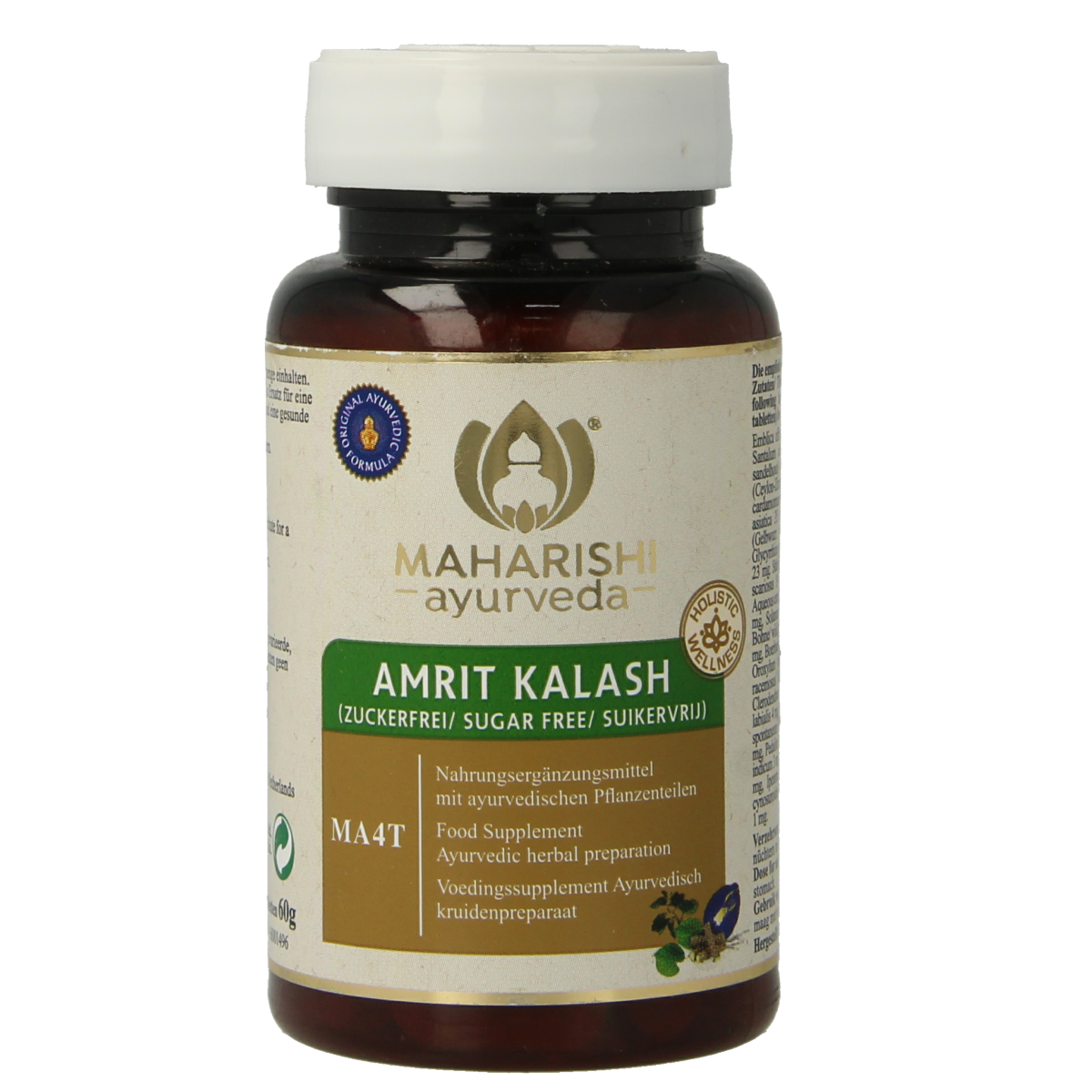 Maharishi Ayurv Amrit Kalash MA 4T herbal supplement with 60 sugar-free tablets, featuring natural herbal ingredients.