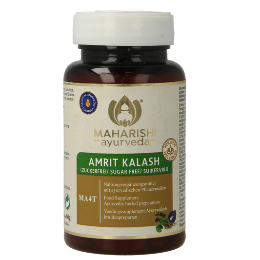 Maharishi Ayurv Amrit Kalash MA 4T herbal supplement with 60 sugar-free tablets, featuring natural herbal ingredients.