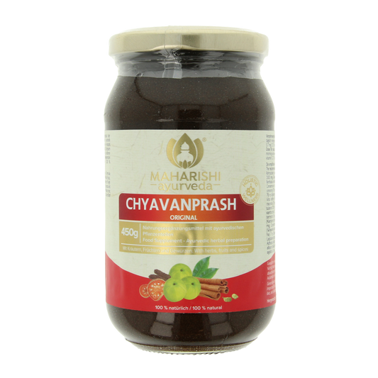 Diversen Chyavanprash pasta 450g, herbal dietary supplement with a rich, dark paste texture and herbal ingredients in a jar