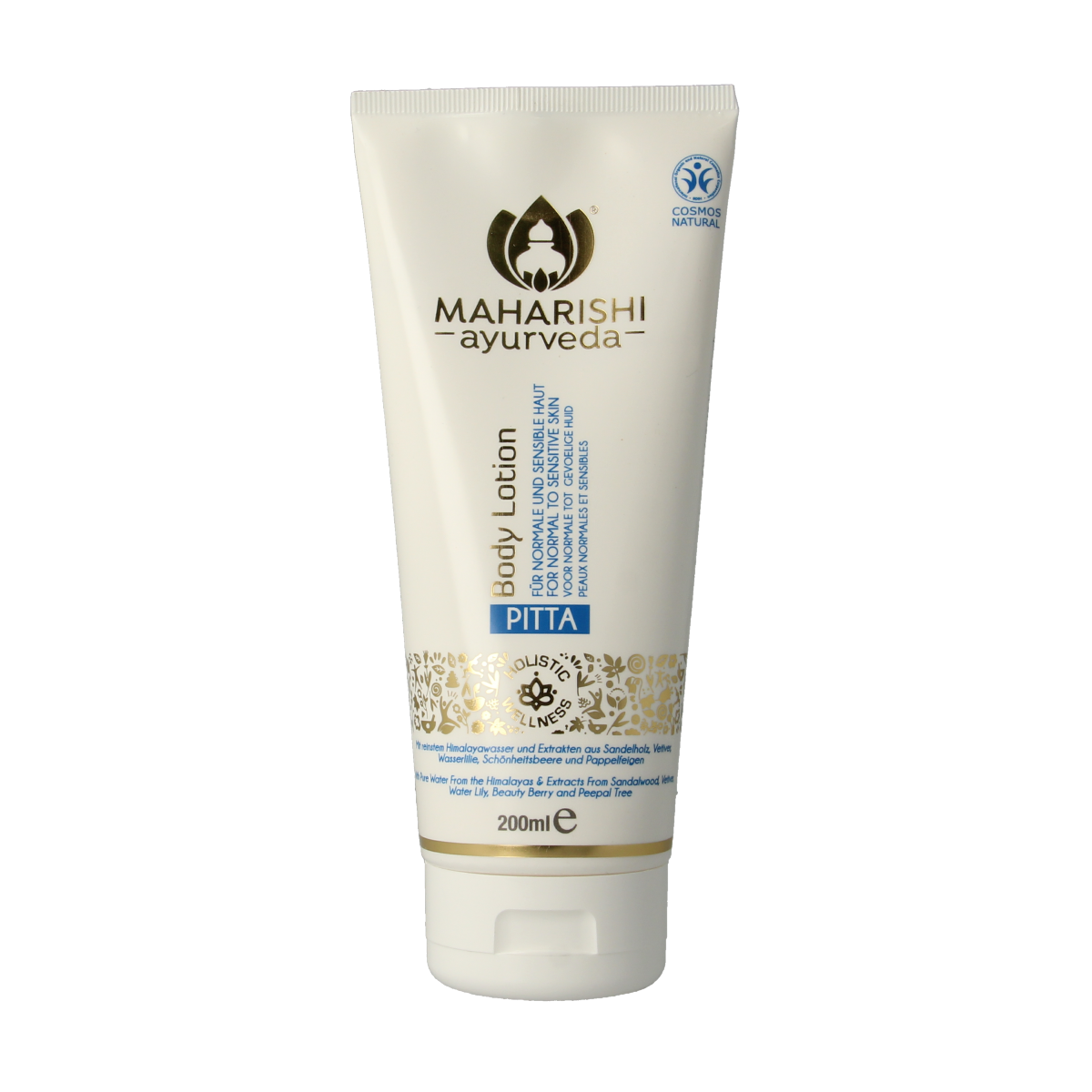 Maharishi Ayurv Pita body lotion in 200ml bottle, natural body moisturizer with Ayurvedic ingredients for skin hydration.