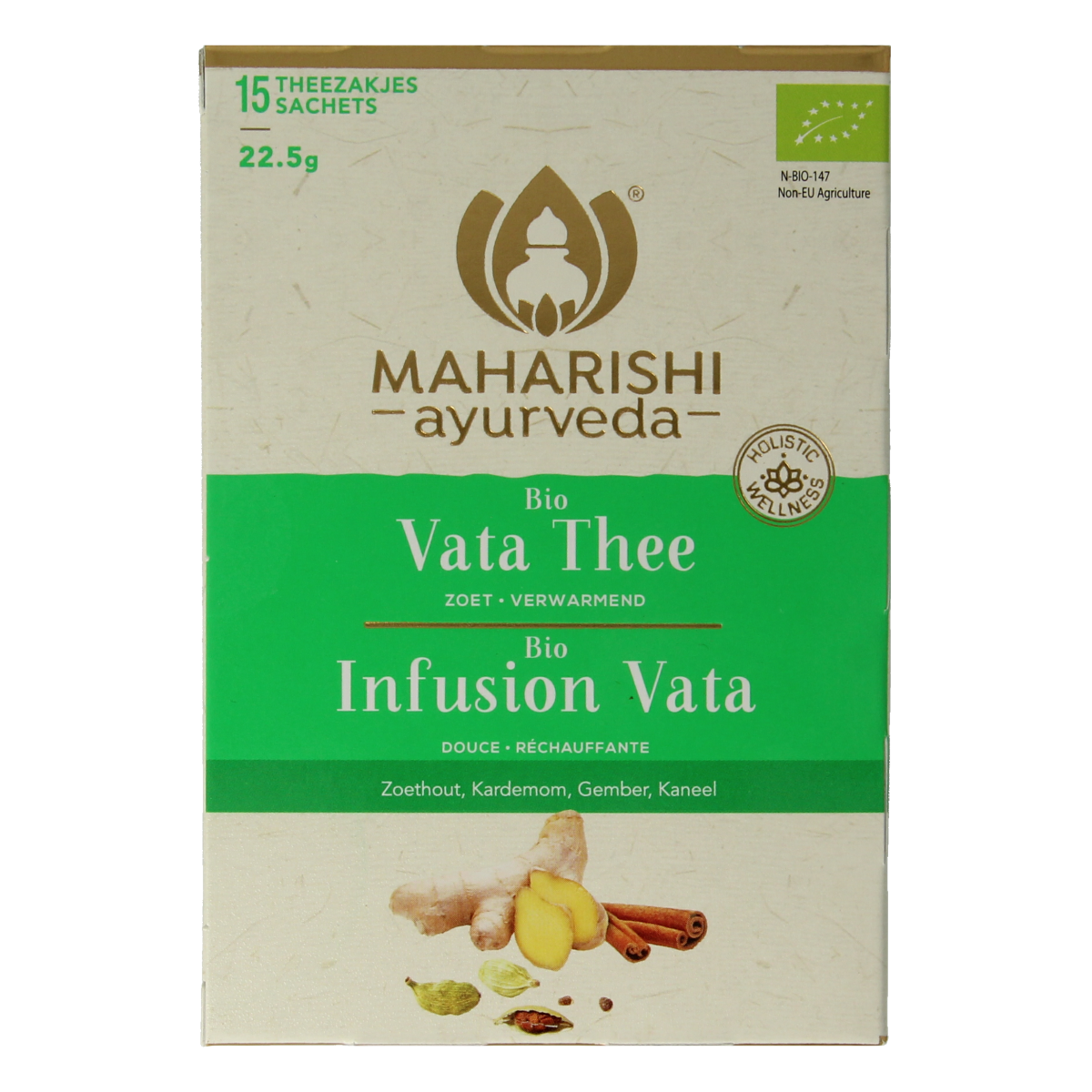 Organic Maharishi Ayurv Vata herbal tea bags, 15-count, showing the tea box with herbal tea sachets inside.