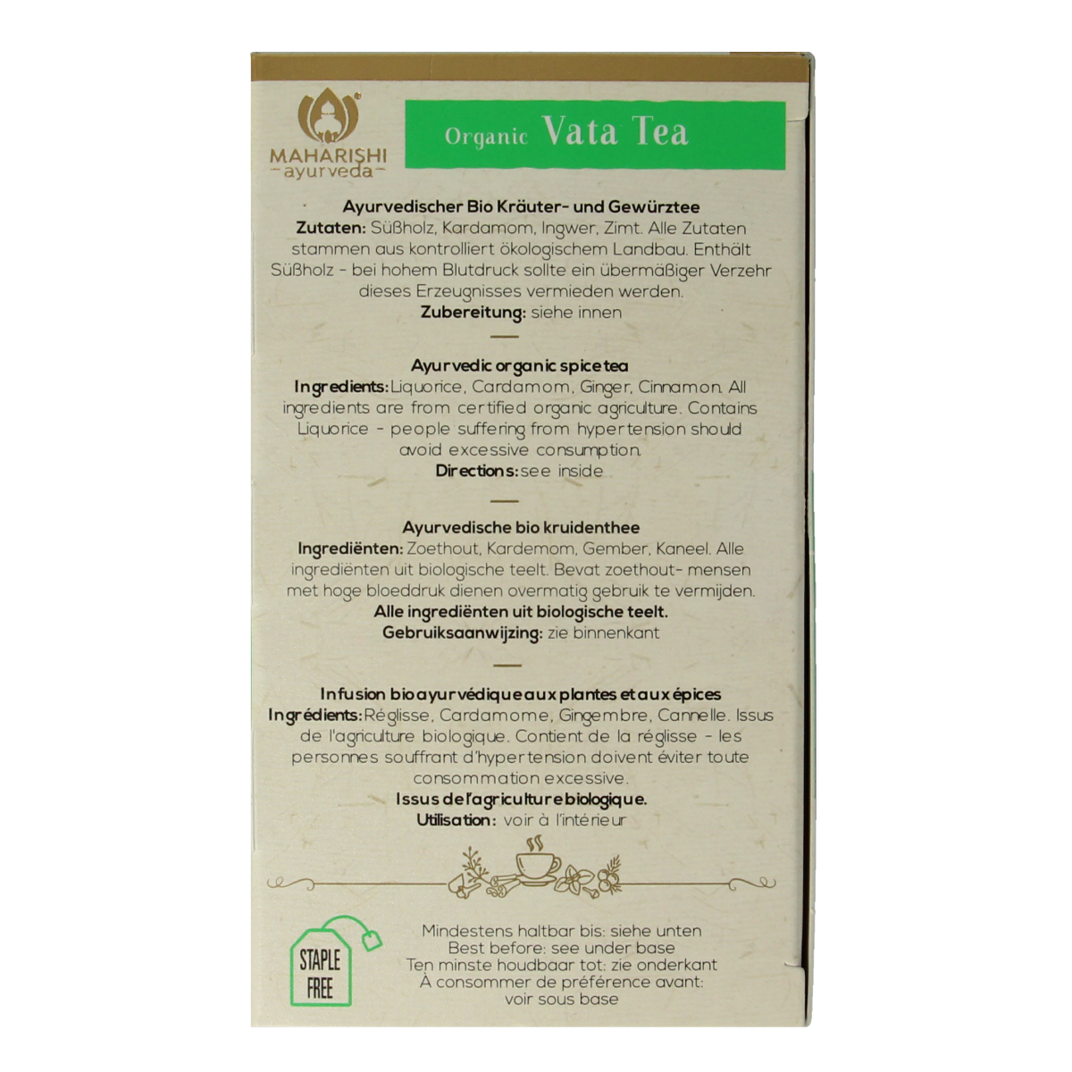Bio Vata tea bags by Maharishi Ayurv, 15 herbal tea sachets, natural and organic wellness tea for balancing Vata.
