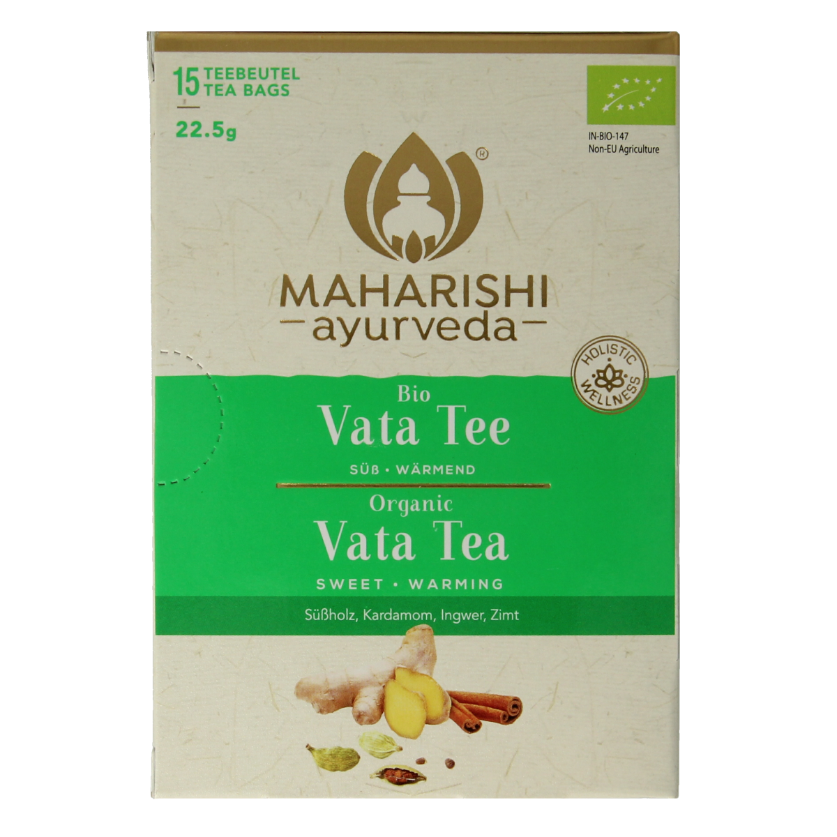 Maharishi Ayurv Vata organic tea bags in a box, herbal tea for balance, natural packaging, 15 tea bags included.