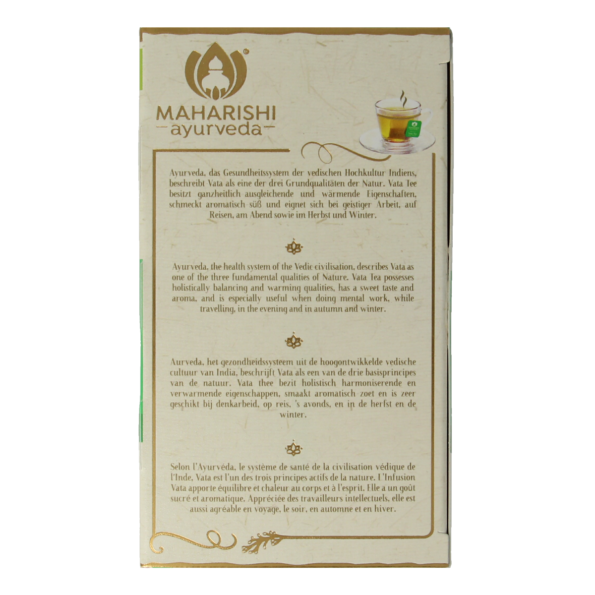 Maharishi Ayurv Vata herbal tea bags, 15-count, organic Ayurvedic blend in individual tea sachets, displayed in a box.