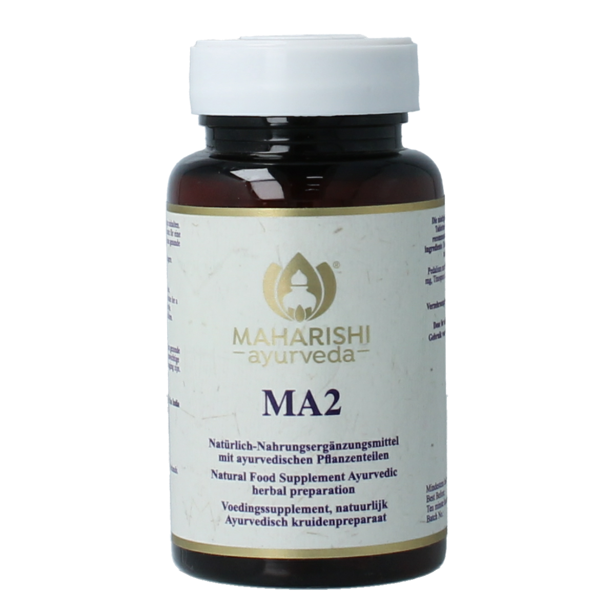 Maharashi Ayurveda MA 2 natural tablets, dietary supplement with herbal ingredients, shown in a close-up of the supplement packaging