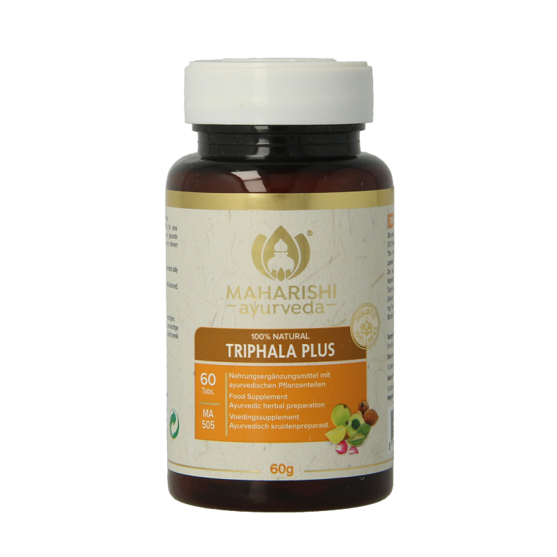 Maharishi Ayurveda Triphala Plus herbal supplement in a bottle with 60 tablets, natural Ayurvedic herbal health product.